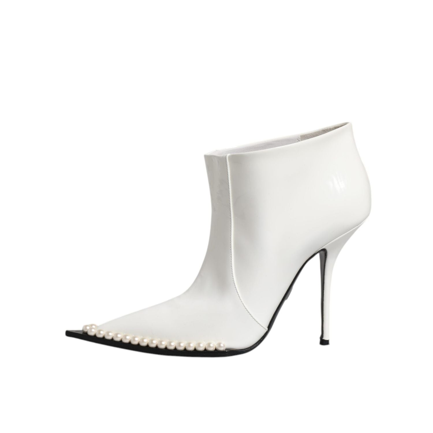 Dolce & Gabbana White Faux Pearl Leather Pointed Toe Ankle Boot Shoes