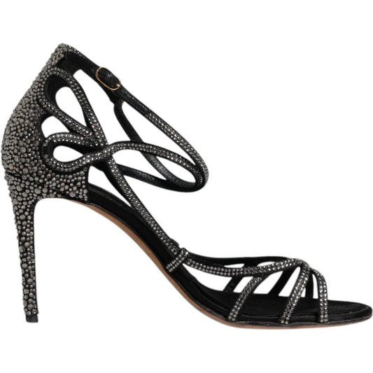 Dolce & Gabbana Black Strass Ankle Strap Heels Sandals Shoes LA12080-39