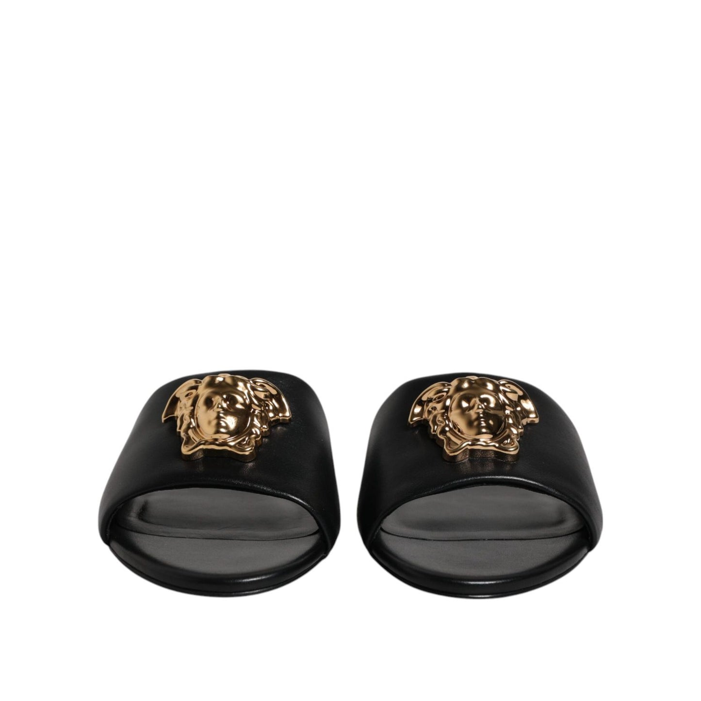 Versace Black Leather Logo Plaque Slip On Slides Flats Shoes