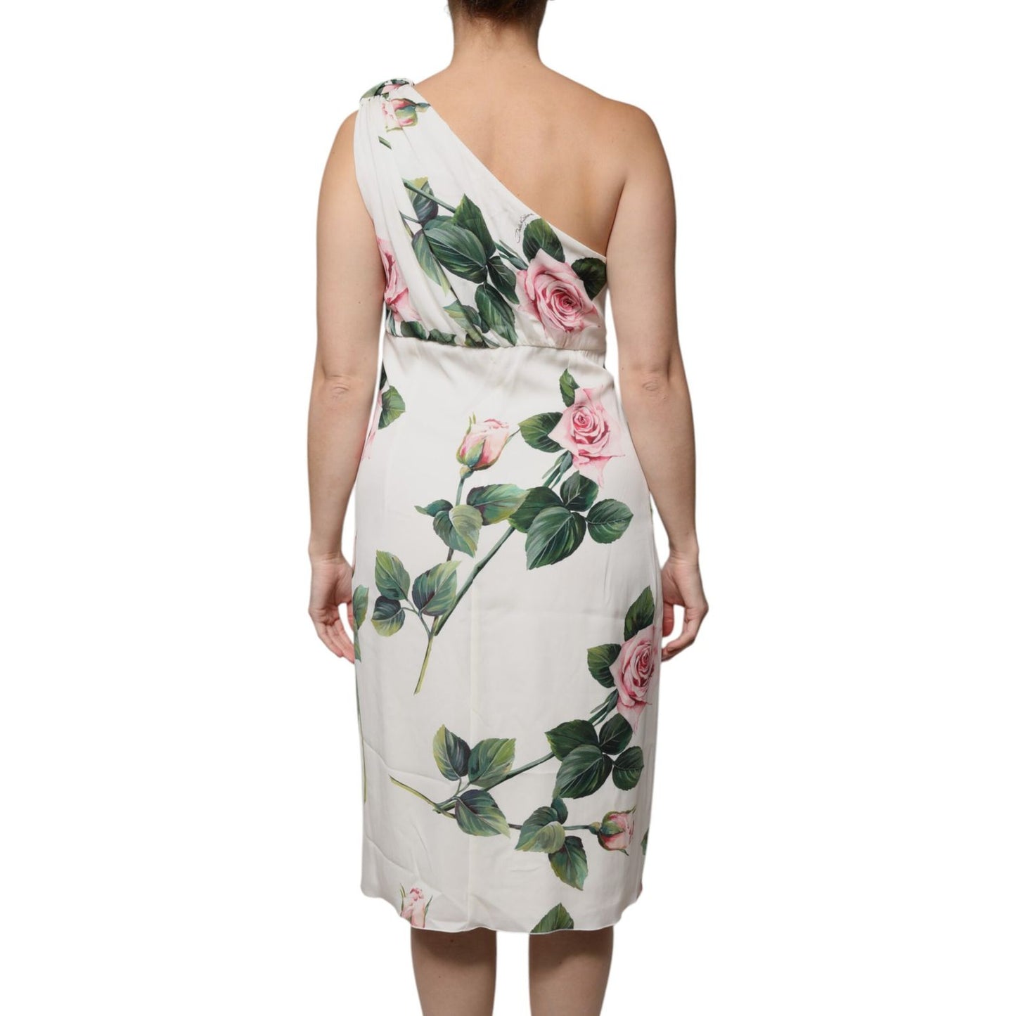 Dolce & Gabbana White Floral Silk One Shoulder Midi Dress