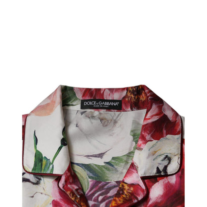 Dolce & Gabbana White Peony Silk Long Sleeves Collared Blouse Top