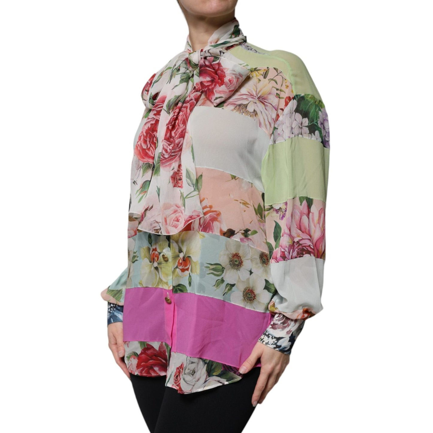 Dolce & Gabbana Multicolor Floral Patchwork Ascot Collar Top