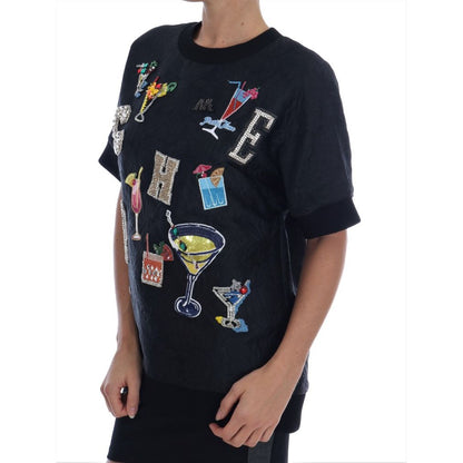 Dolce & Gabbana Black Brocade Cocktail Crystal Sweater