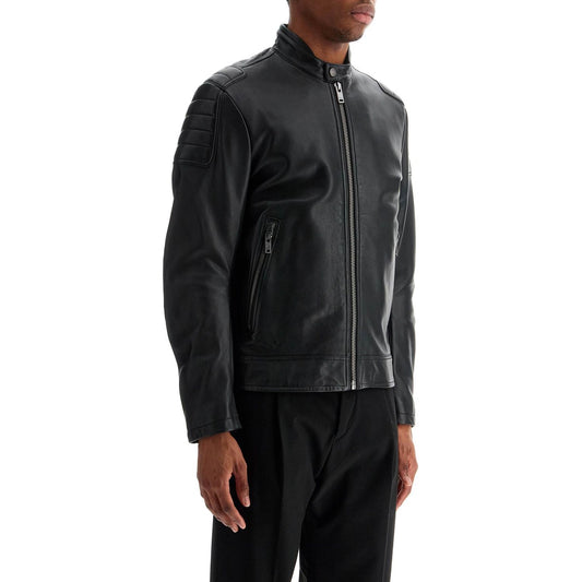 Boss black leather jacket with high collar and quilted details