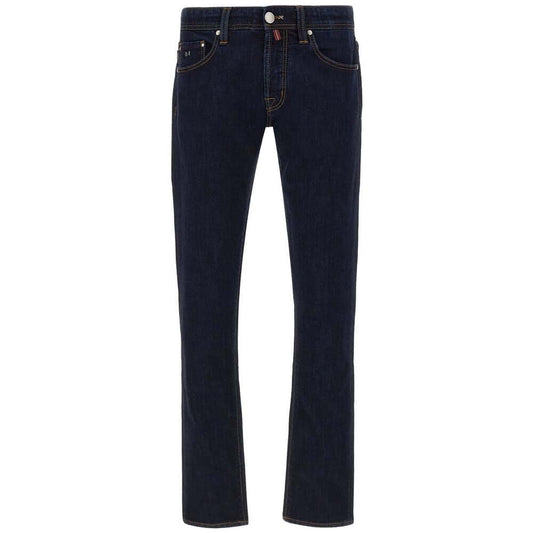 Tramarossa blue cotton jeans, regular fit, dark shade, five-pocket design, with blue suede patch and metal logo detail on the back.