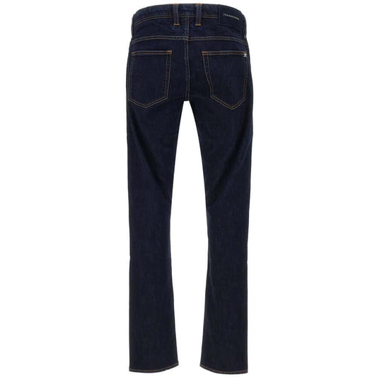 Back view of Tramarossa dark blue cotton jeans, regular fit, with suede patch and metal logo on rear pockets.