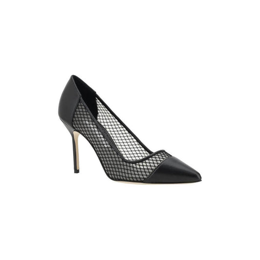 Manolo Blahnik Capcour black leather pump with mesh detail, almond toe, and stiletto heel showcasing elegance and modernity.