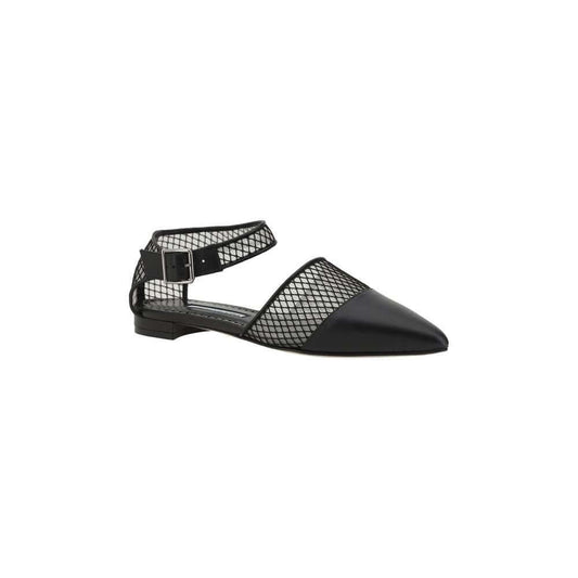 Manolo Blahnik Jatelahflat ballerinas in black lambskin leather with mesh details and adjustable ankle strap for elegant style.