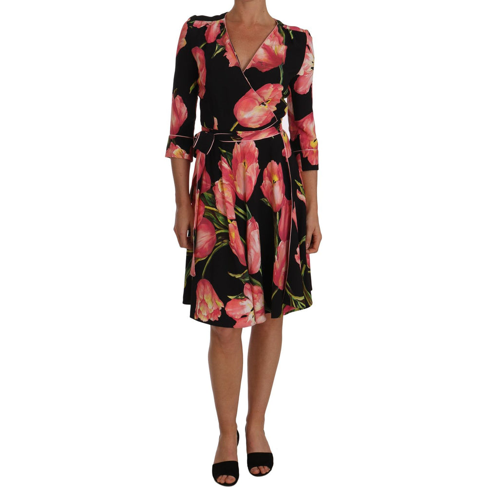 Dolce & Gabbana Black Pink Tulip Print Stretch Shift Dress DR1446-1