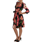 Dolce & Gabbana Black Pink Tulip Print Stretch Shift Dress DR1446-1
