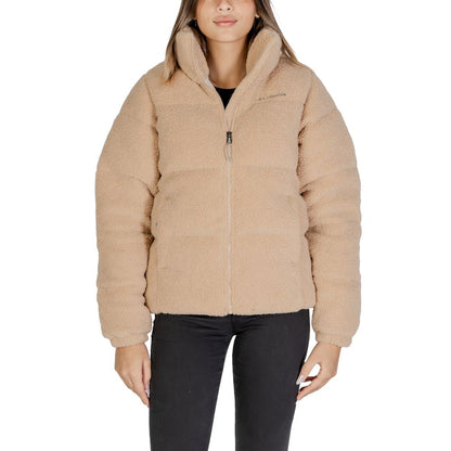 Columbia Beige Nylon Coat featuring soft Sherpa lining and front zip, ideal for cold weather with stylish and practical design.