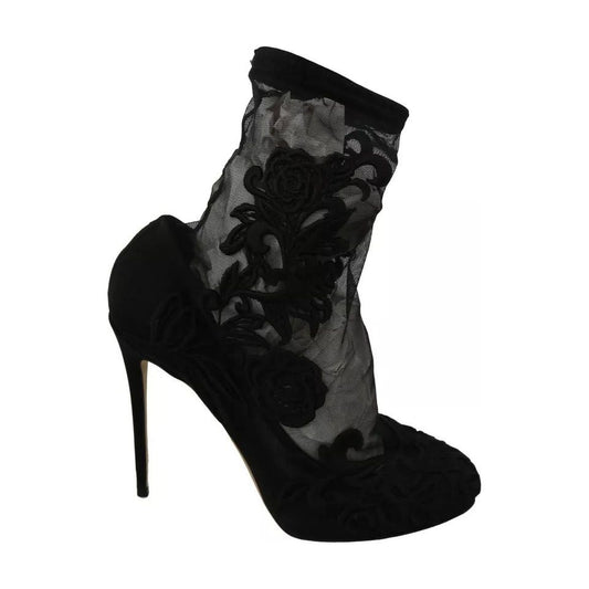 Dolce & Gabbana Black Tulle Stretch Floral Booties Shoes LA6202-40