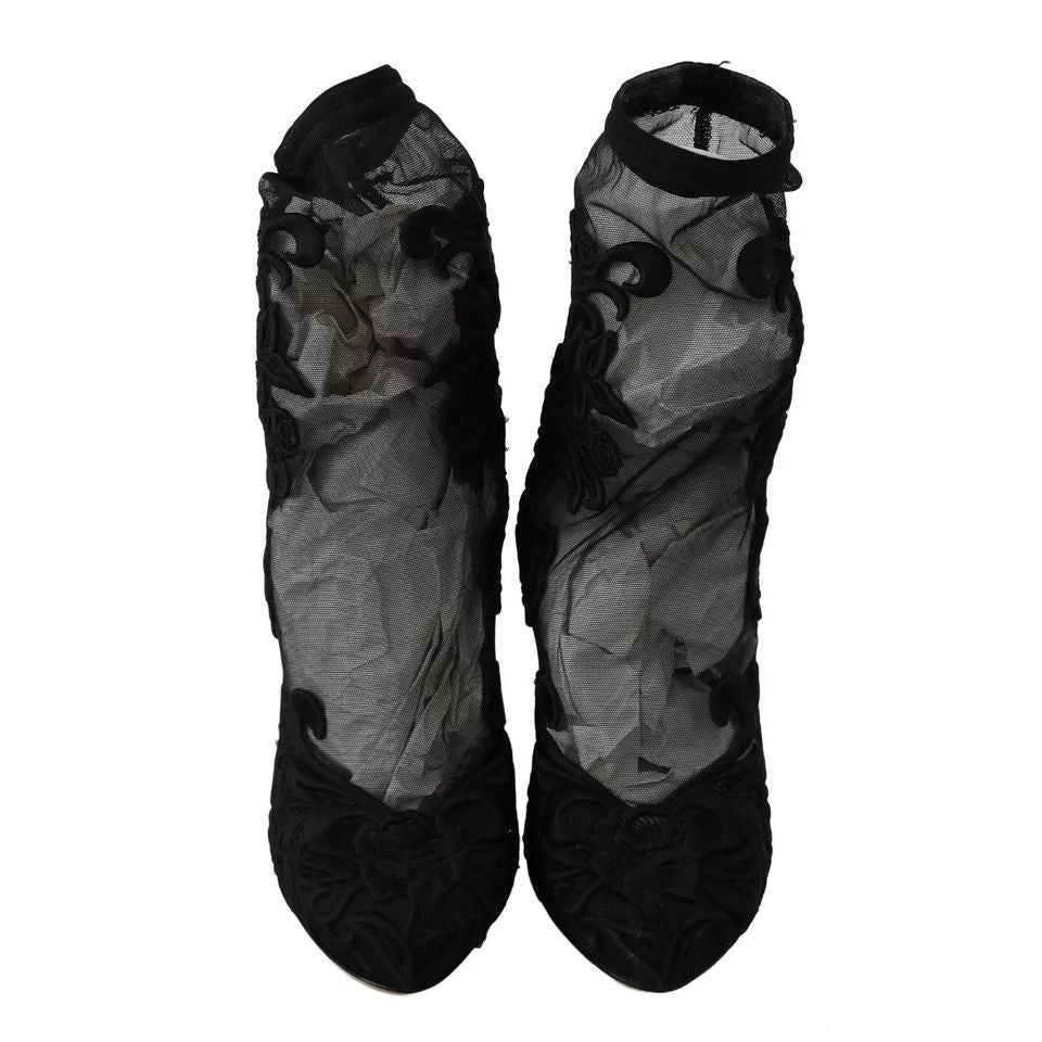Dolce & Gabbana Black Tulle Stretch Floral Booties Shoes
