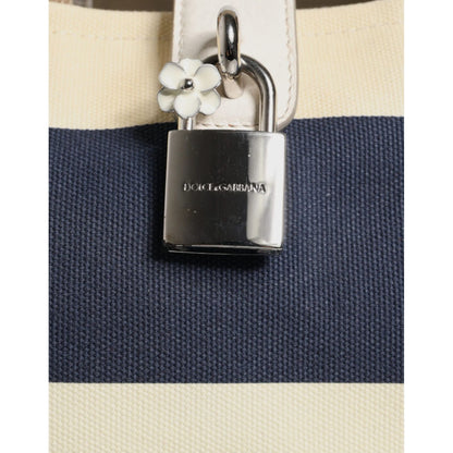 Dolce & Gabbana White Navy Striped Canvas Top Handle Tote Bag