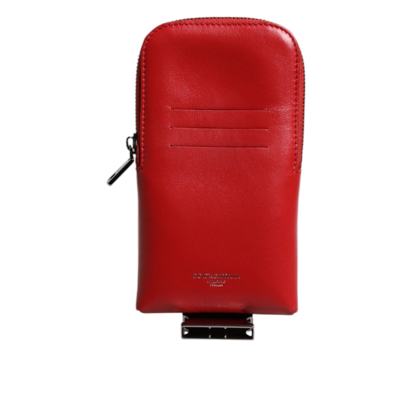 Dolce & Gabbana Red Leather Logo Zip Around Card Holder Wide Strap Wallet