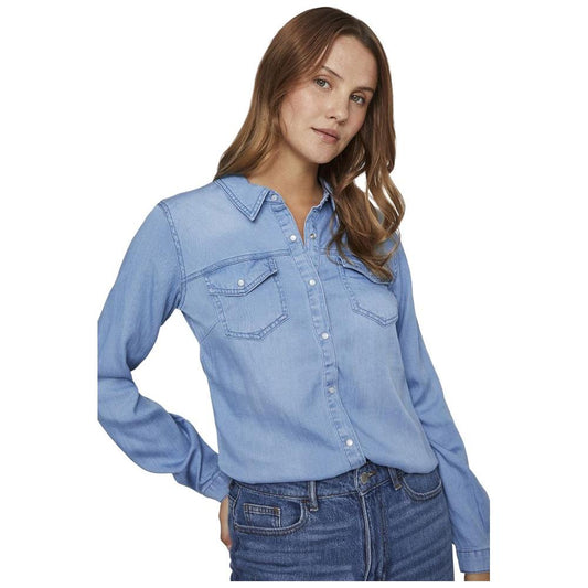 Vila Clothes Light Blue Cotton Shirt Vila Clothes Light Slate Gray