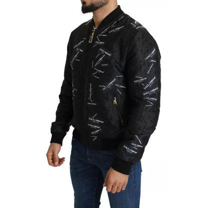 Dolce & Gabbana Black Logo Patch Brocade Bomber Full Zip Jacket