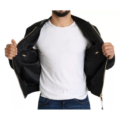 Dolce & Gabbana Black Logo Patch Brocade Bomber Full Zip Jacket