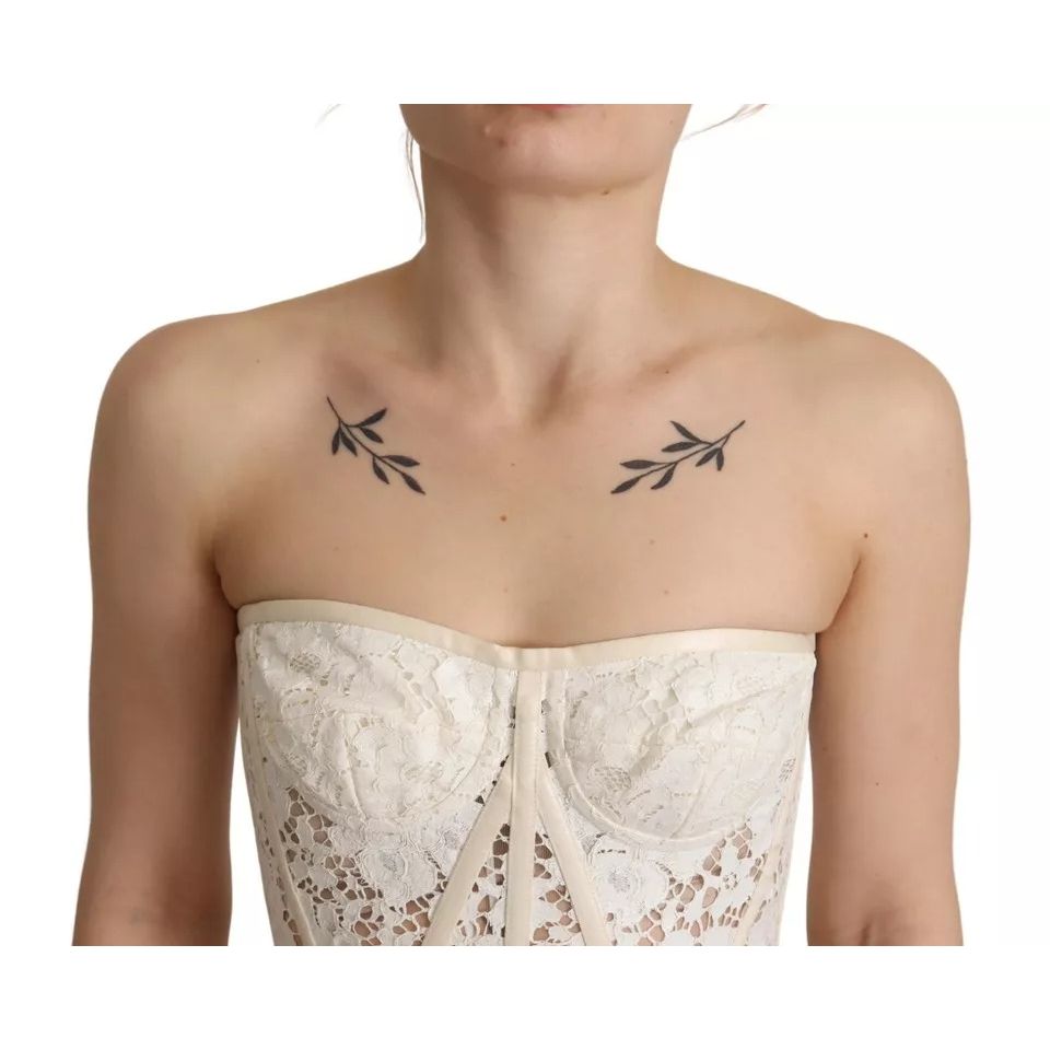 Dolce & Gabbana White Strapless Floral Lace Cropped Bustier Top
