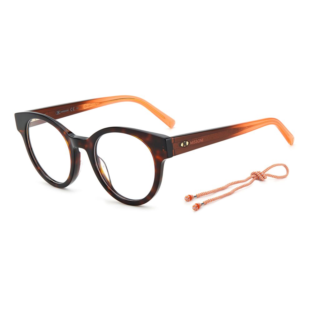 M Missoni Brown Acetate Frames, round design with orange temples, size 48/21/140mm, perfect eyewear for women, stylish and durable.