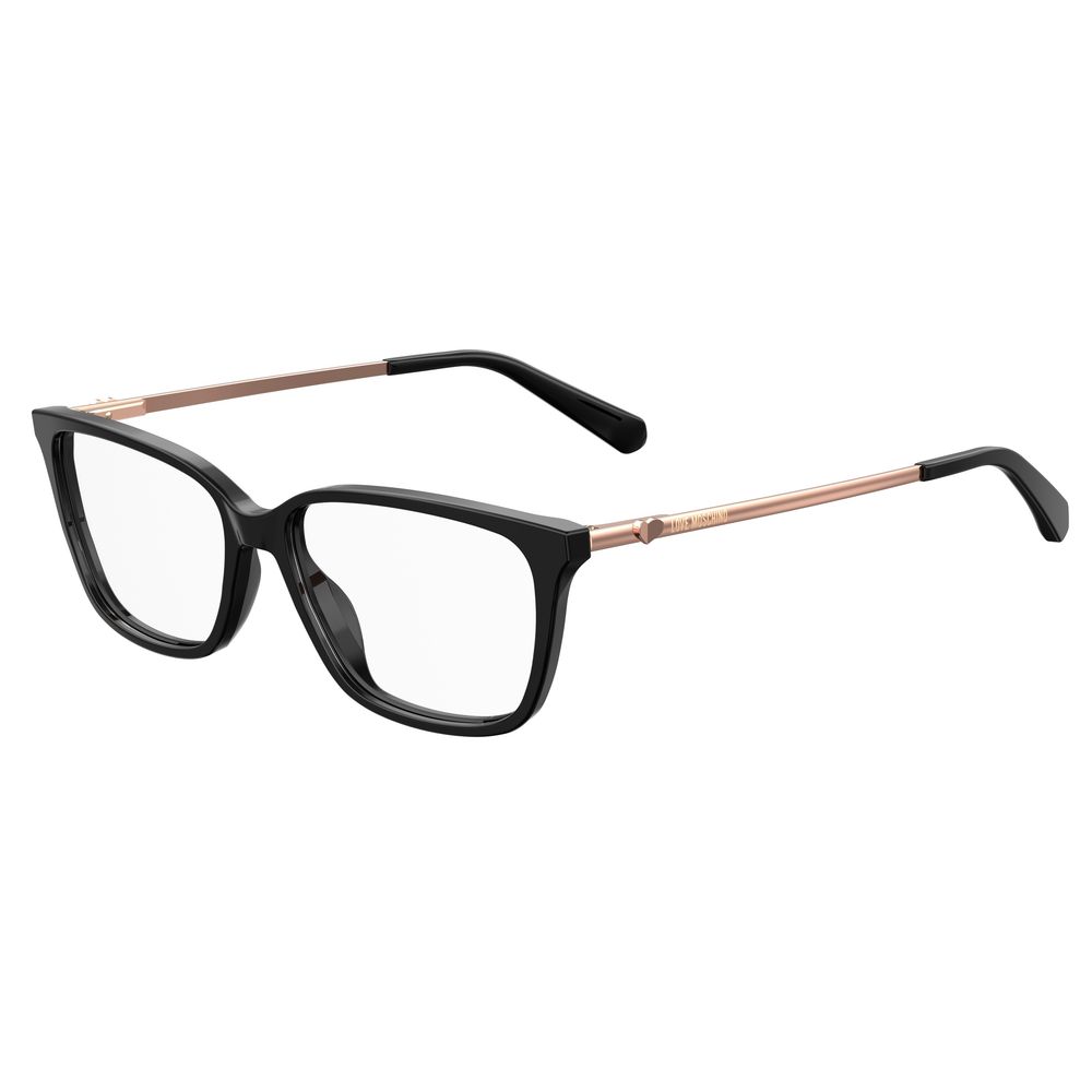 Love Moschino Black Acetate Frames showing side view with rose gold temples, suitable for women, measures 52/15/140 mm.