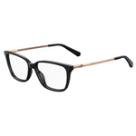 Love Moschino Black Acetate Frames showing side view with rose gold temples, suitable for women, measures 52/15/140 mm.