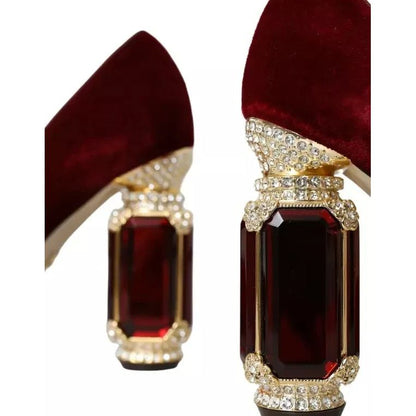 Dolce & Gabbana Red Velvet Gold Crystals Heels Mary Janes Shoes