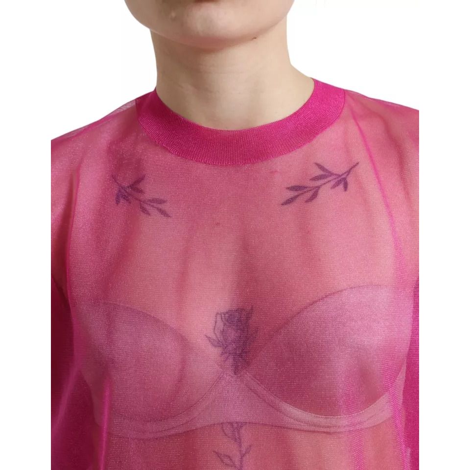 Dolce & Gabbana Pink Sheer Long Sleeves Crewneck Top Blouse
