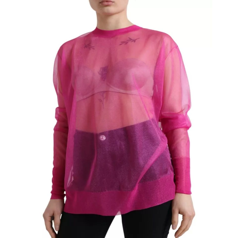 Dolce & Gabbana Pink Sheer Long Sleeves Crewneck Top Blouse