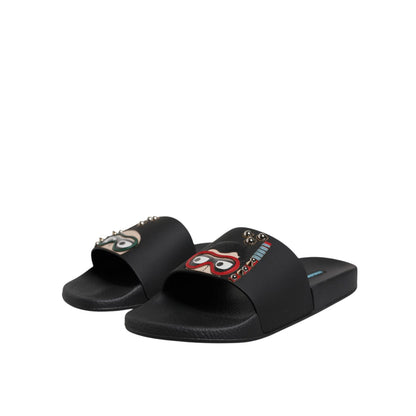 Dolce & Gabbana Black Divers Leather Flats Slides Sandals Beachwear Shoes