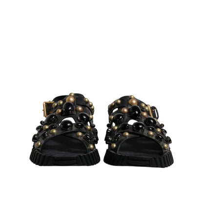 Dolce & Gabbana Black Leather Studded Slides Sandals Shoes