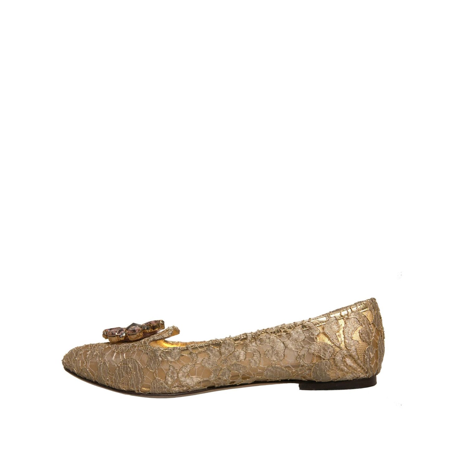 Dolce & Gabbana Gold Crystal Loafer Lace Ballet Flats Shoes