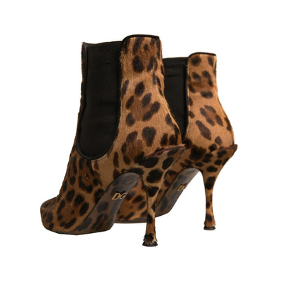 Dolce & Gabbana Brown Leopard Leather Stretch Heels Boots Shoes