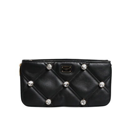 Dolce & Gabbana Black Leather Crystal Embellished Logo Shoulder Bag