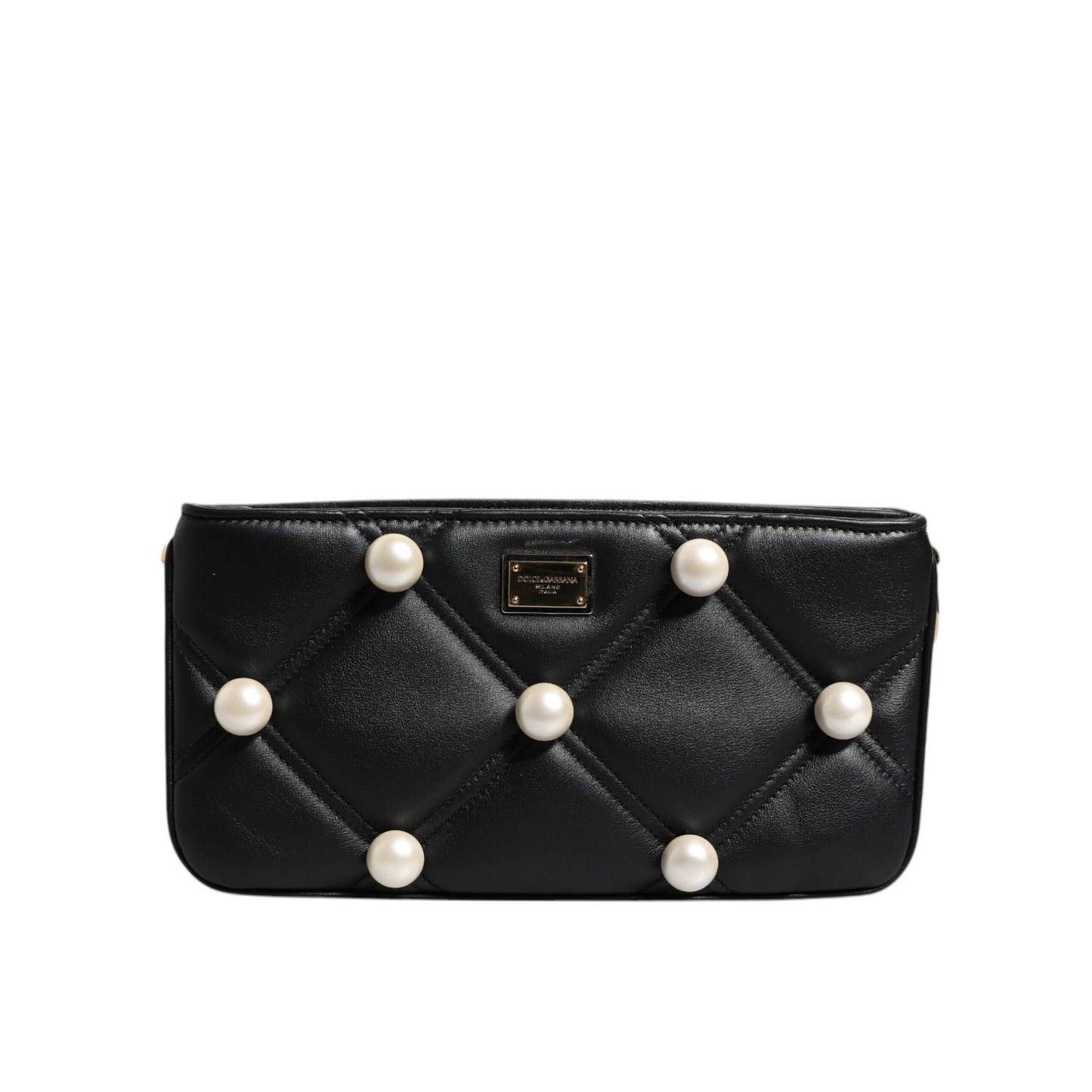 Dolce & Gabbana Black Leather Pearl Embellished Logo Shoulder Bag