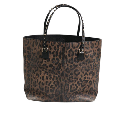 Dolce & Gabbana Brown Black Calfskin Leopard Print Shoulder Tote Bag