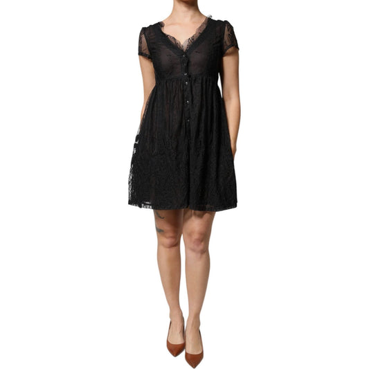 Blugirl Black Short Sleeves Floral Lace Trim A-line Mini Dress DR281359-42