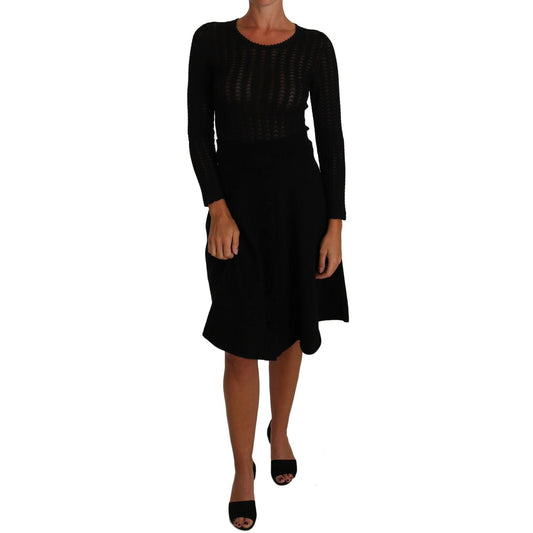 Dolce & Gabbana Black Knitted Wool Sheath Long Sleeves Dress