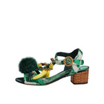 Dolce & Gabbana Green Crystal Fur Embellished Sandals Shoes