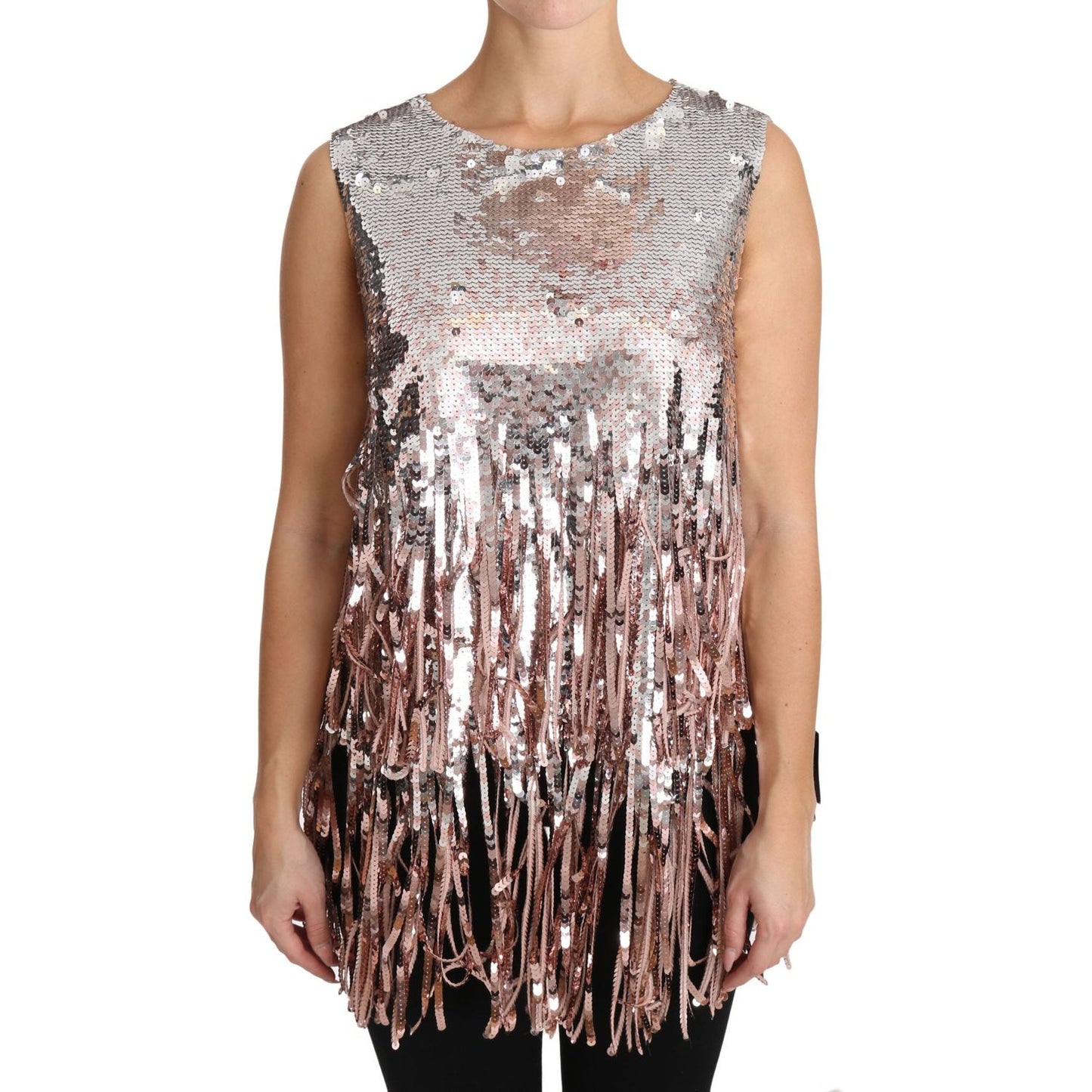 Dolce & Gabbana Golden Pink Sequined Fringe Tank Top