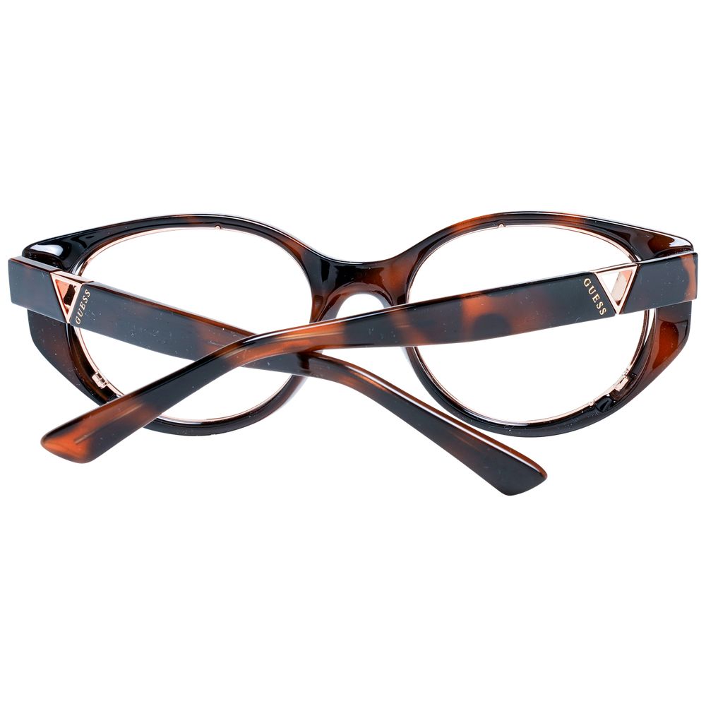 Guess Brown Women Glasses Frame full-rim cat eye style with plastic material and demo lenses, shown front view with crossed temples.