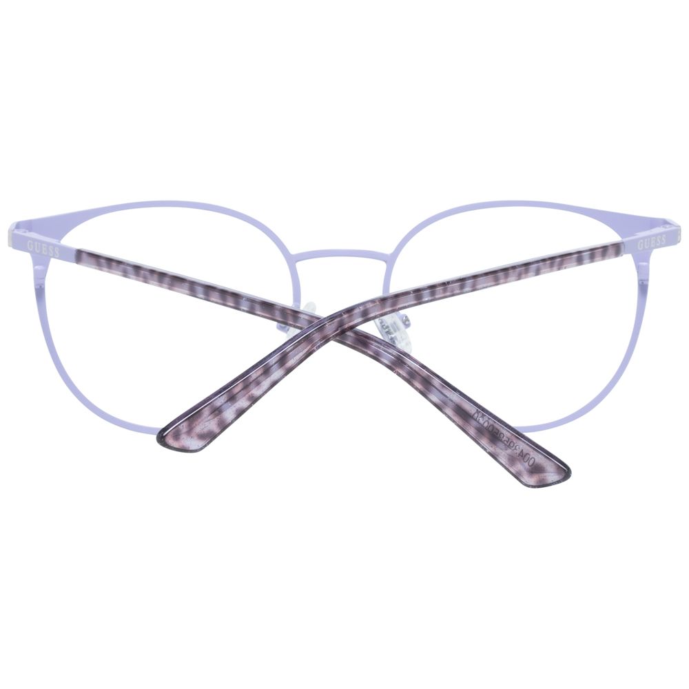 Guess Purple Women Glasses Frame, full-rim round design, metal frame, demo lenses, includes branded case, spring hinge, purple color.