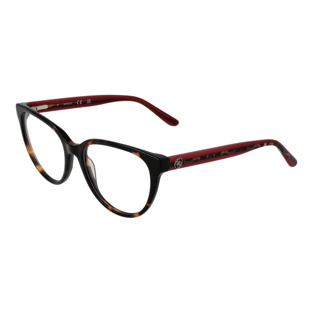 Guess Brown Women Glasses Frame, cat eye style, acetate material, full-rim, in brown color with demo lenses.