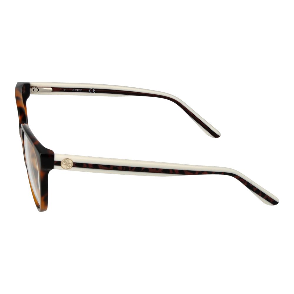 Side view of Guess Brown Women Glasses Frame with acetate full-rim style and cat eye design, featuring brown color and spring hinge.
