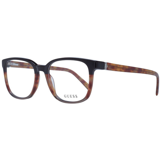 Guess Brown Men Glasses Frame with full-rim acetate and square style, size 53-18-145, featuring demo lenses and spring hinges.