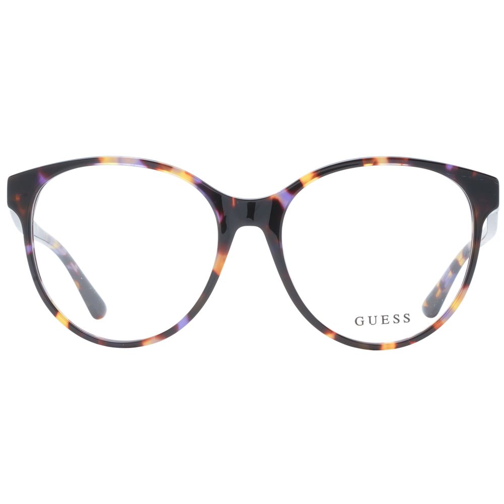 Guess Purple Women Glasses Frame in round full-rim style with demo lenses, plastic material, and spring hinge; includes branded case.