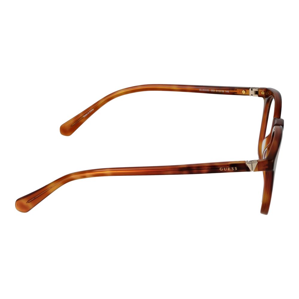 Side view of Guess Brown Women Glasses Frame with full-rim style and plastic material, showcasing brown color and panto design.
