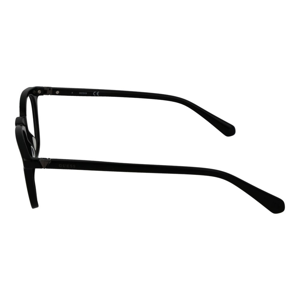 Alt Tag: Side view of Guess Black Women Glasses Frame with full-rim black plastic panto design and demo lenses, size 51-19-145.