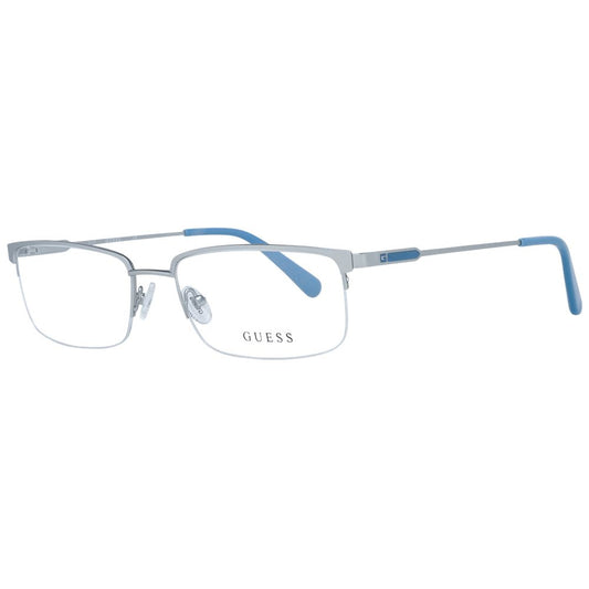 Guess Silver Men Glasses Frame with silver metal half-rim rectangular style, demo plastic lenses, and silver temples. Size: 56-18-145.