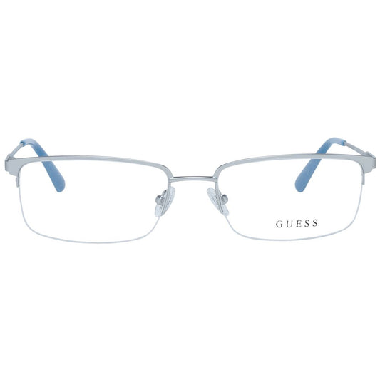 Guess Silver Men Glasses Frame in metal with half-rim style, rectangular shape, 56-18-145 size, includes branded case.